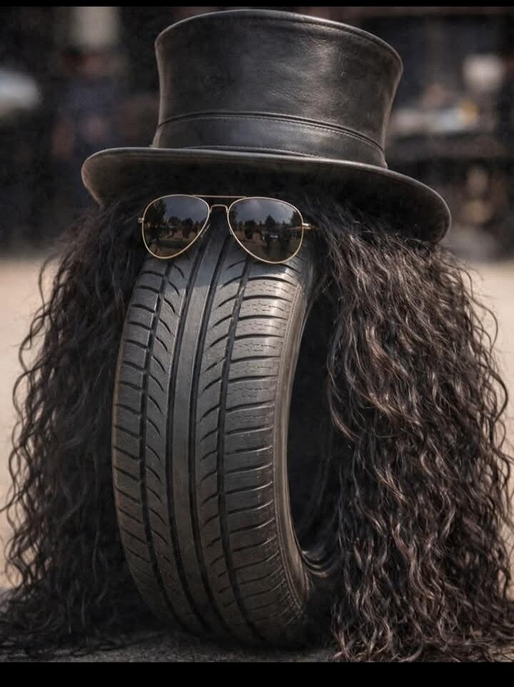 A tire wearing sunglasses and a top hat with long hair.