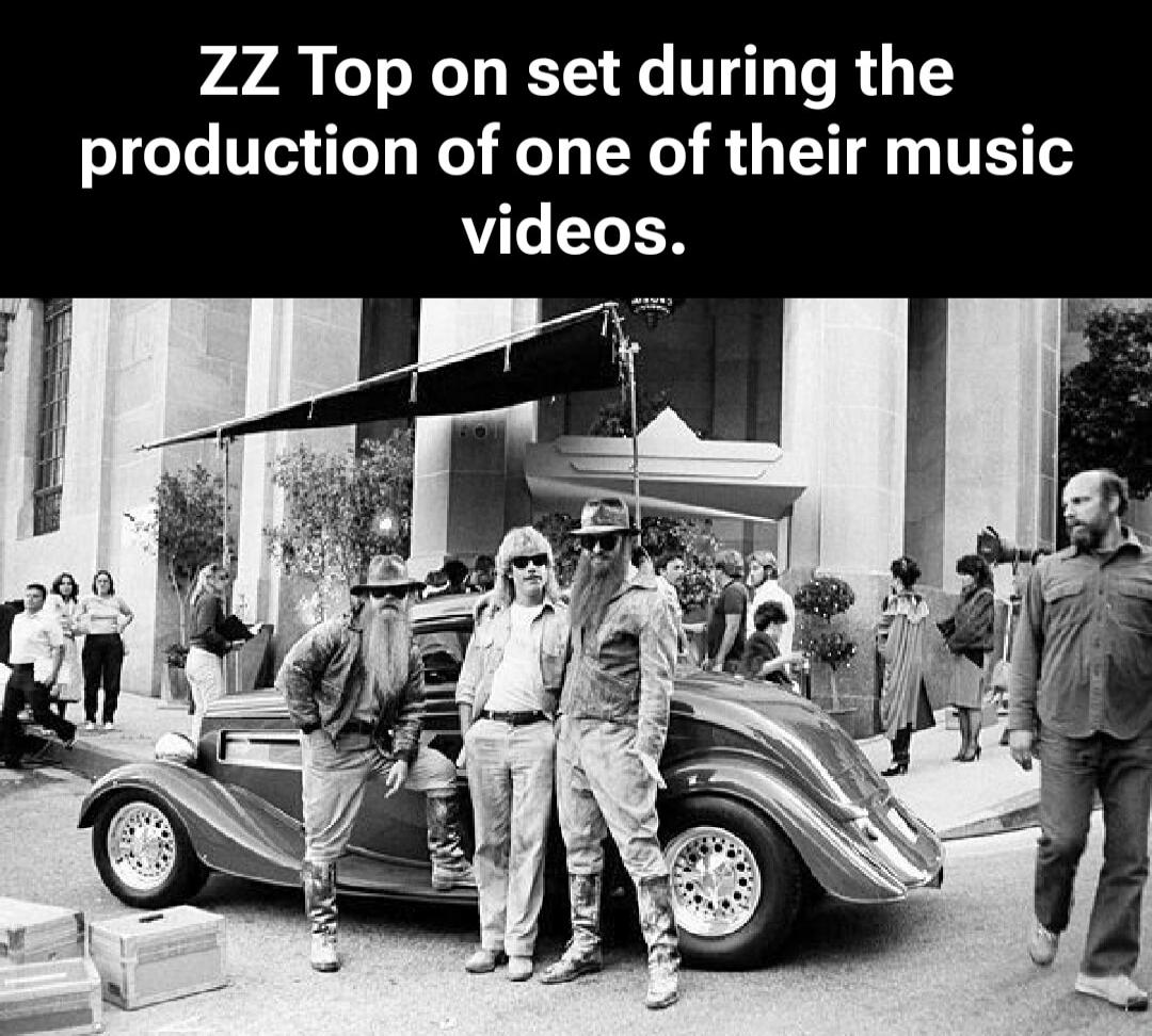 ZZ Top on set during the production of one of their music videos.