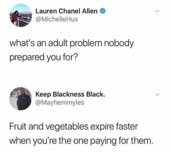 Lauren Chanel Allen @MichelleHux what's an adult problem nobody prepared you for? Keep Blackness Black. @Mayhemmyles Fruit and vegetables expire faster when you're the one paying for them.