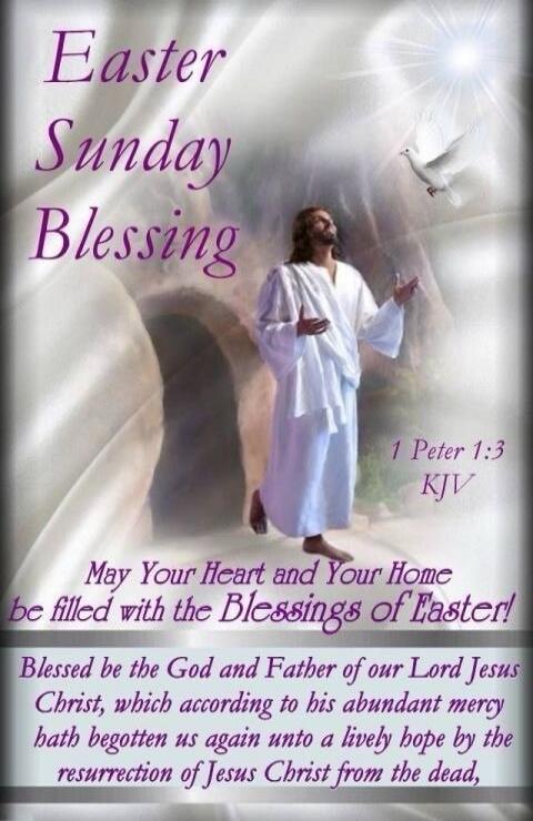 Easter Sunday Blessing 1 Peter 1:3 KJV May Your Heart and Your Home be filled with the Blessings of Easter! Blessed be the God and Father of our Lord Jesus Christ, which according to his abundant mercy hath begotten us again unto a lively hope by the resurrection of Jesus Christ from the dead,