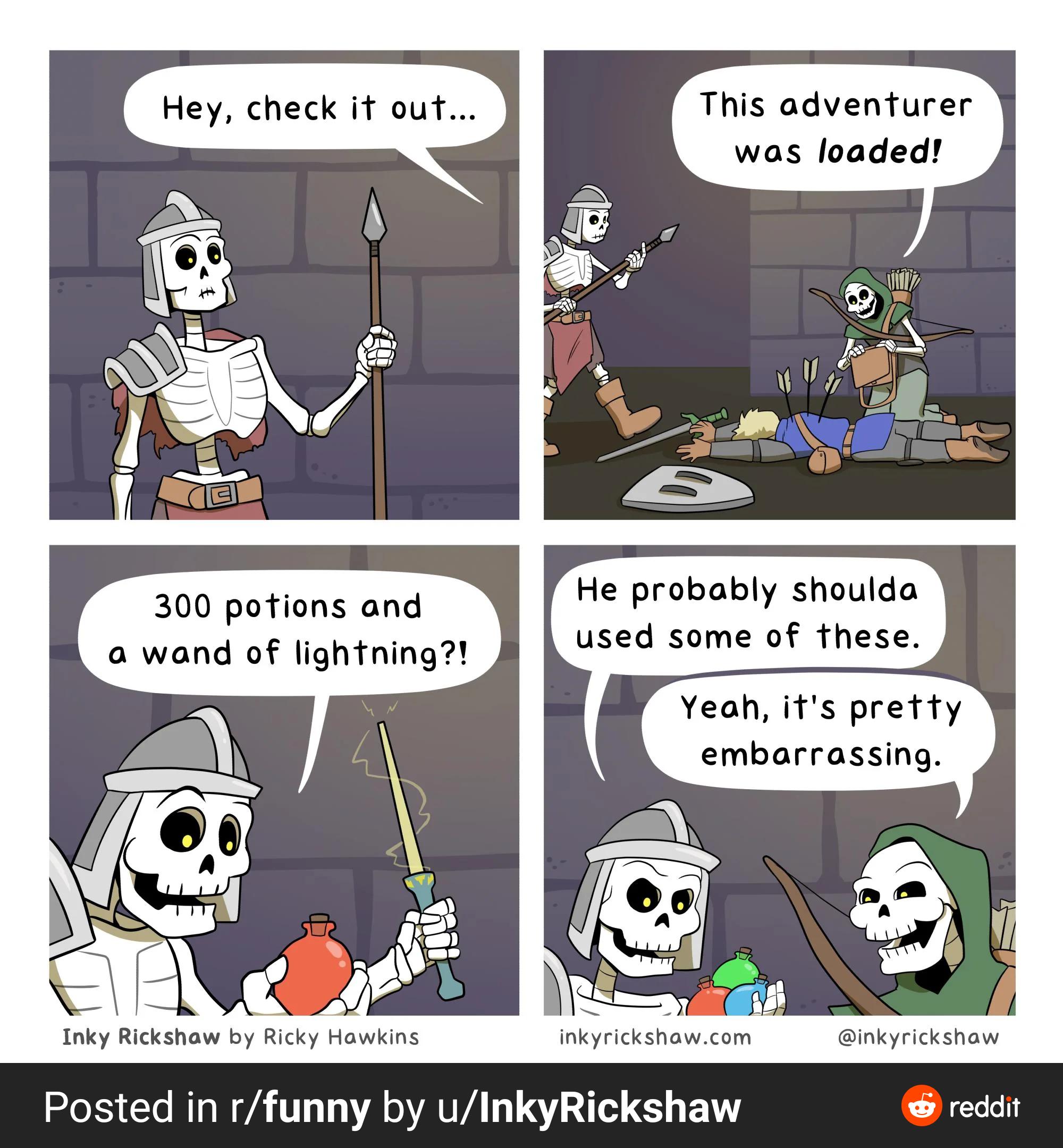 This adventurer was loaded He probably shoulda 300 potions and used some of fhese a wand of lightning pretty embarrass Inky Rickshaw by Ricky Hawking Inkyrickshawcom inkyrickshow Posted in rfunny by uInkyRickshaw reddit