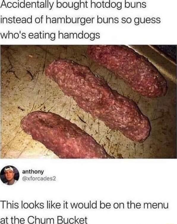 Accidentally bougnt hotdog buns instead of hamburger buns so guess whos eating hamdogs anthony xforcades2 This looks like it would be on the menu at the Chum Bucket