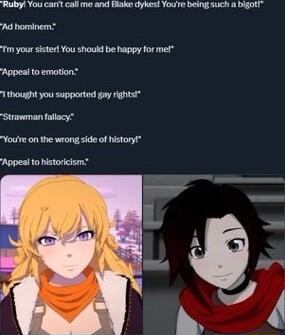 Ruby You cant call me and Biake dykes Youre being such a bigot Ad hominem Tm your sistert You should be happy for met Appeal to emotion I thought you supported gay Fghtr ry Youre on the wrong side of historyt Appeai to historicism