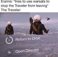 ramis tries to use warsats to stop the Traveler from leaving The Traveler Open Director