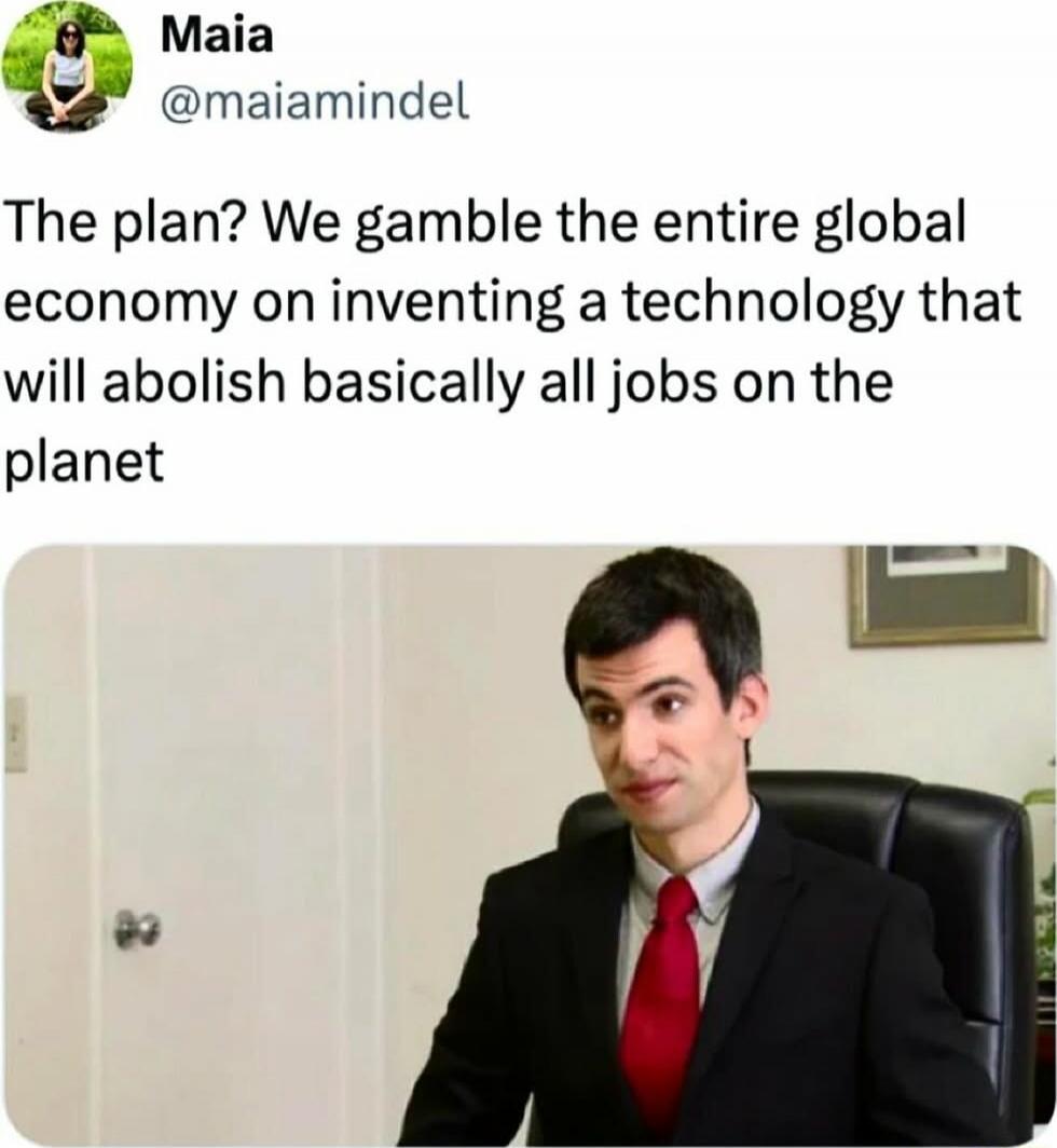 Maia @maiamindel The plan? We gamble the entire global economy on inventing a technology that will abolish basically all jobs on the planet