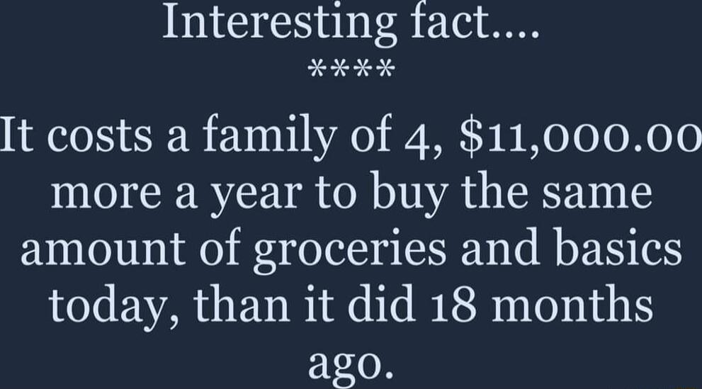 Interesting fact KX KX t costs a family of 4 1100000 more a year to buy the same amount of groceries and basics today than it did 18 months ago