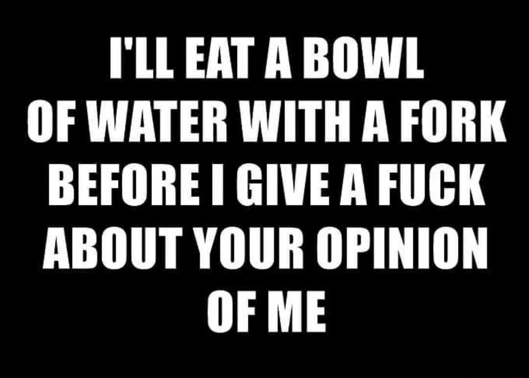 ILL EAT A BOWL OF WATER WITH A FORK BEFORE GIVE A FUCK ABOUT YOUR OPINION OF ME