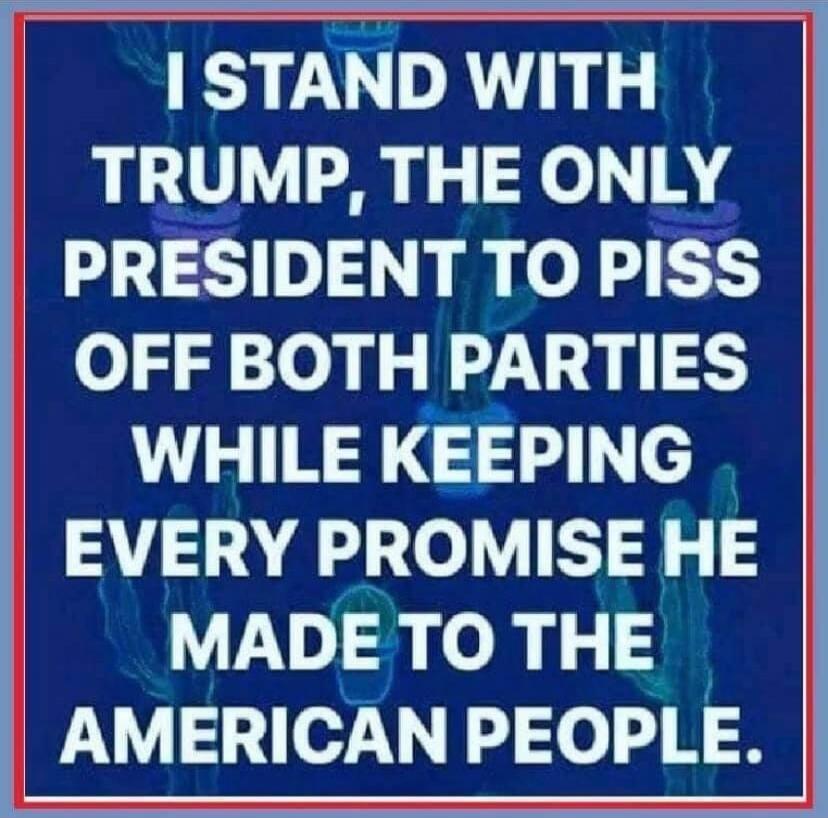 I STAND WITH TRUMP, THE ONLY PRESIDENT TO PISS OFF BOTH PARTIES WHILE KEEPING EVERY PROMISE HE MADE TO THE AMERICAN PEOPLE.