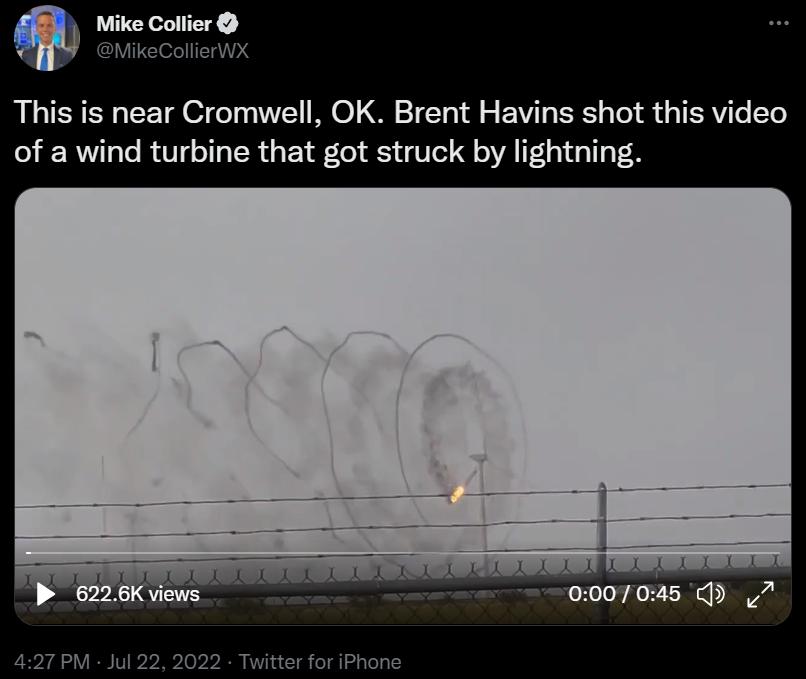 This is near Cromwell OK Brent Havins shot this video of a wind turbine that got struck by lightning 0007045 7