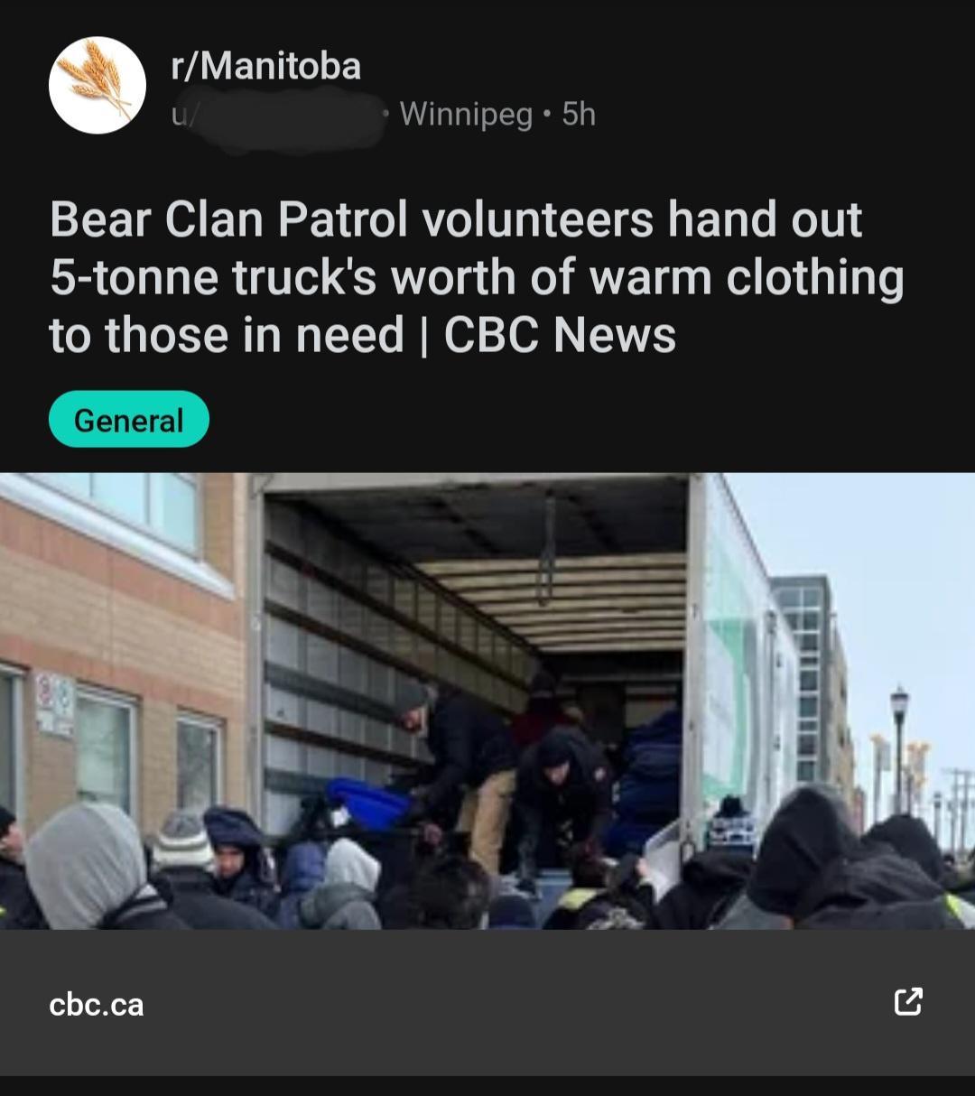 ZAYEUTGLEY t Winnipeg 5h Bear Clan Patrol volunteers hand out 5 tonne trucks worth of warm clothing to those in need CBC News