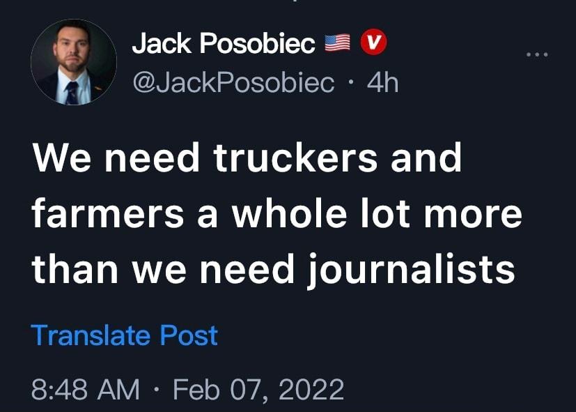 Jack Posobiec v n JackPosobiec 4h VR EE R G farmers a whole lot more than we need journalists Translate Post ISRAFSIAVY I Y o W O W21 0 1224