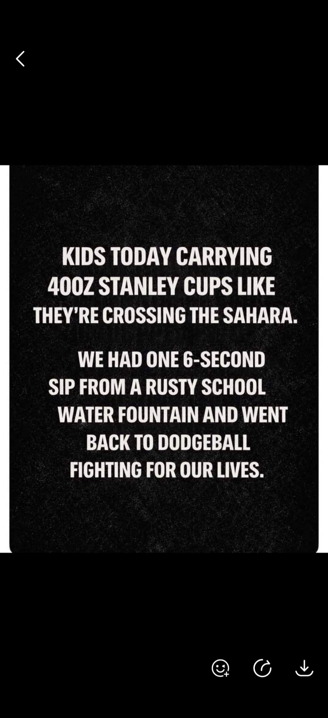 KIDS TODAY CARRYING 40OZ STANLEY CUPS LIKE THEY'RE CROSSING THE SAHARA. WE HAD ONE 6-SECOND SIP FROM A RUSTY SCHOOL WATER FOUNTAIN AND WENT BACK TO DODGEBALL FIGHTING FOR OUR LIVES.