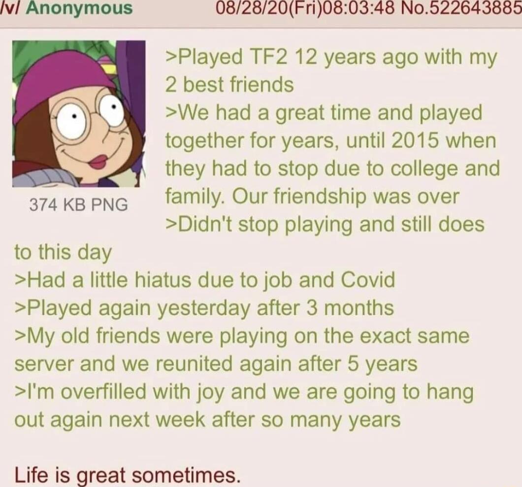 082820Fr1080348 NO522643885 Played TF2 12 years ago with my 2 best friends We had a great time and played together for years until 2015 when they had to stop due to college and s7akapng family Our friendship was over Didnt stop playing and still does to this day Had a little hiatus due to job and Covid Played again yesterday after 3 months My old friends were playing on the exact same server and w