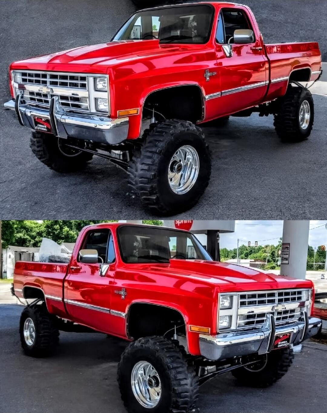 Red lifted classic Chevy pickup truck with large off-road tires.