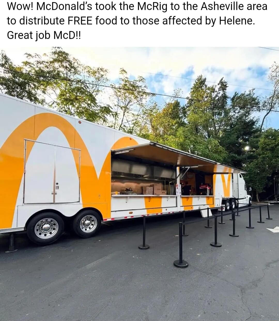 Wow McDonalds took the McRig to the Asheville area to distribute FREE food to those affected by Helene Great job McD