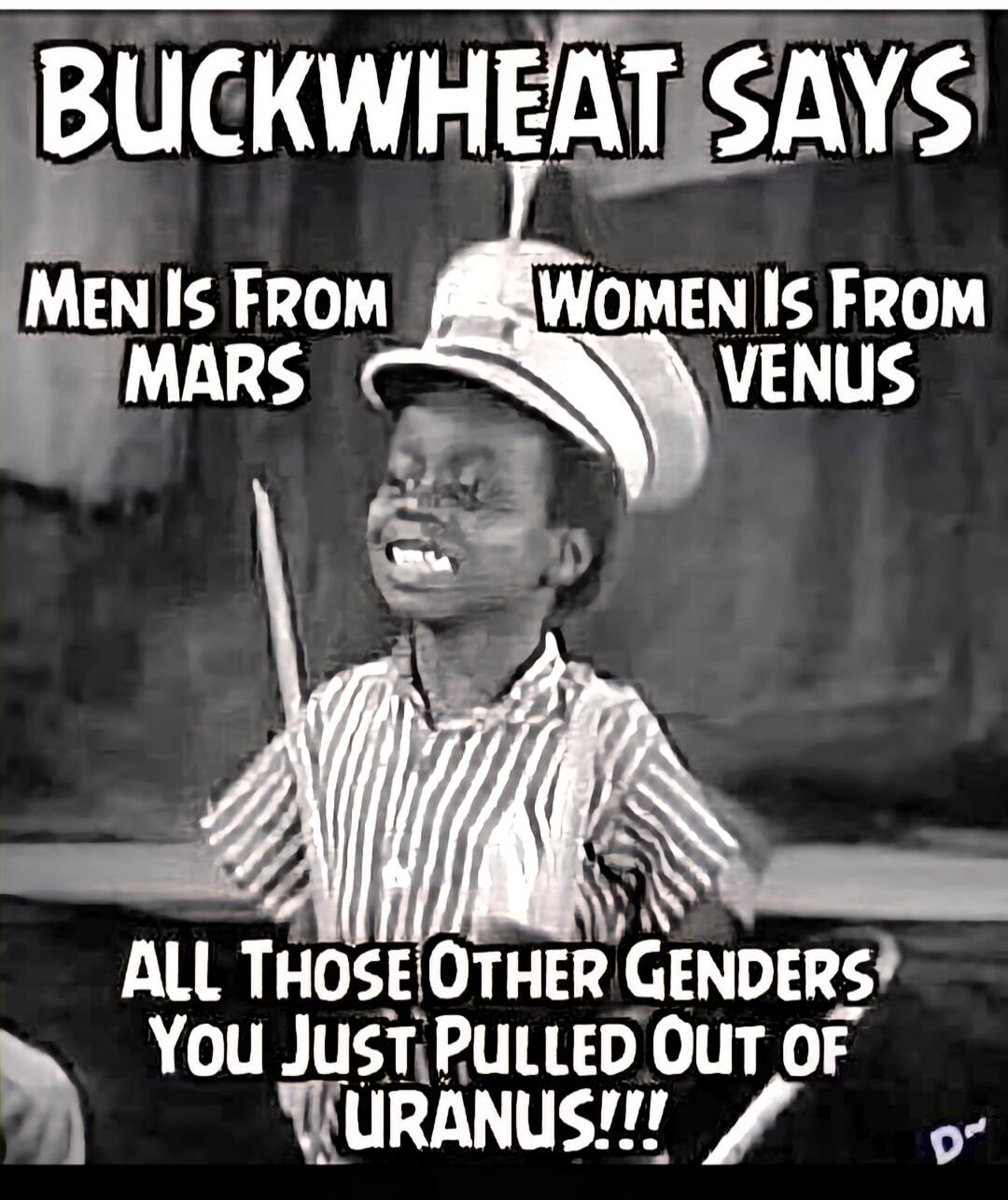 BUCKWHEAT SAYS MEN IS FROM MARS WOMEN IS FROM VENUS ALL THOSE OTHER GENDERS YOU JUST PULLED OUT OF URANUS!!!