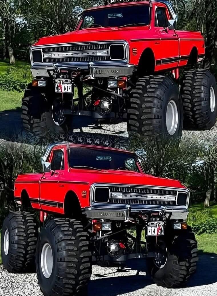 A red monster truck with oversized tires. Session ID: 1002409.