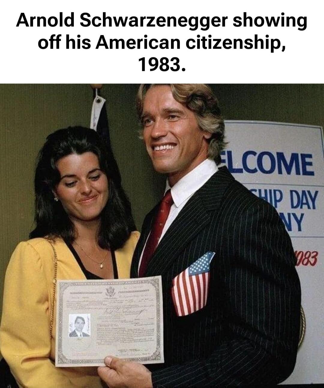 Arnold Schwarzenegger showing off his American citizenship, 1983.