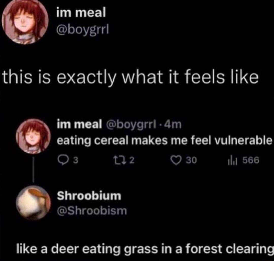 im meal boygrrl this is exactly what it feels like im meal boygrrl 4m eating cereal makes me feel vulnerable Qs Q2 VED 1 566 Shroobium Shroobism like a deer eating grass in a forest clearing