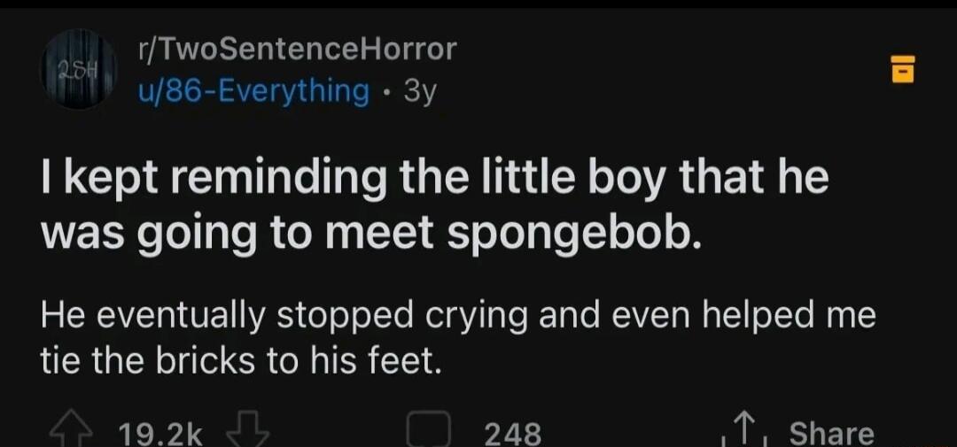 fTwoSentenceHorror u86 Everything 3y kept reminding the little boy that he was going to meet spongebob He eventually stopped crying and even helped me tie the bricks to his feet 192k 248 A Share