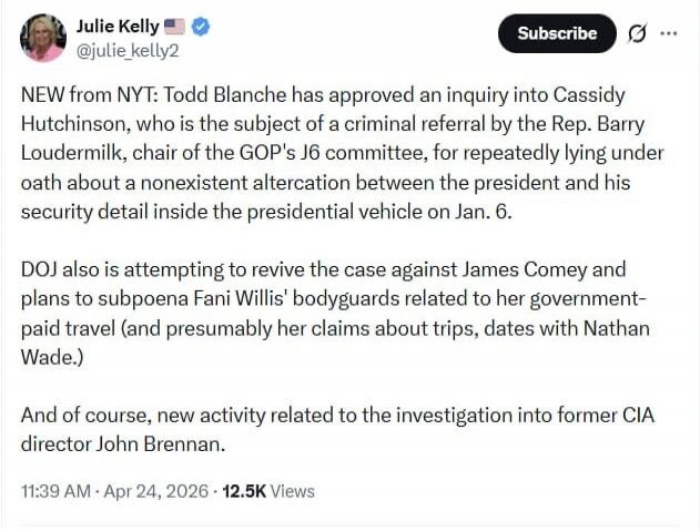NEW from NYT: Todd Blanche has approved an inquiry into Cassidy Hutchinson, who is the subject of a criminal referral by the Rep. Barry Loudermilk, chair of the GOP's J6 committee, for repeatedly lying under oath about a nonexistent altercation between the president and his security detail inside the presidential vehicle on Jan. 6. DOJ also is atte