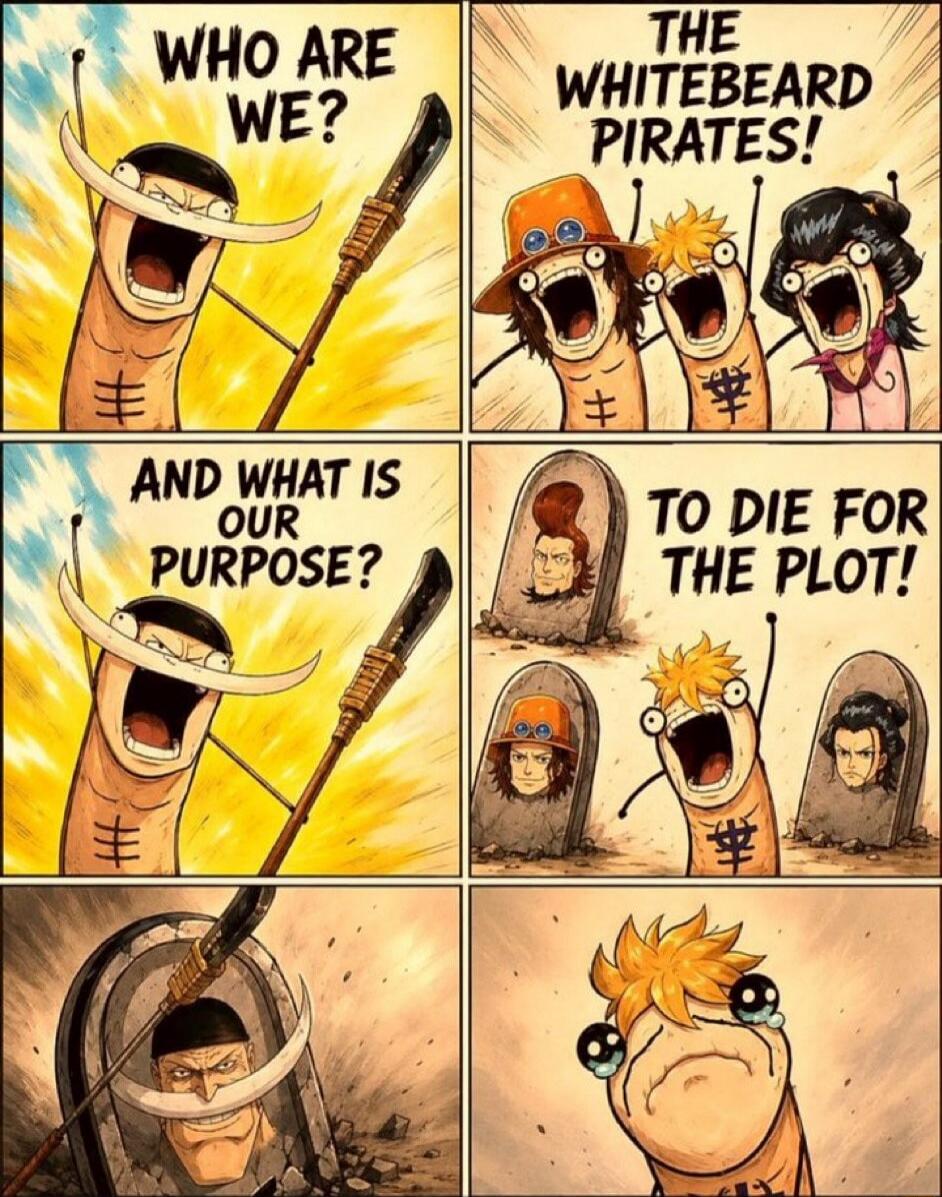 WHO ARE WE? THE WHITEBEARD PIRATES! AND WHAT IS OUR PURPOSE? TO DIE FOR THE PLOT!