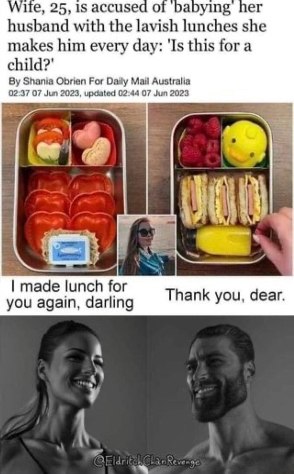 ife 25 1s accused of babying her husband with the lavish lunches she makes him every day Is this for a child By Shania Obrien For Daily Mail Australia 0237 07 Jun 2023 updated 0244 07 Jun 2023 made lunch for you again darling Thank you dear