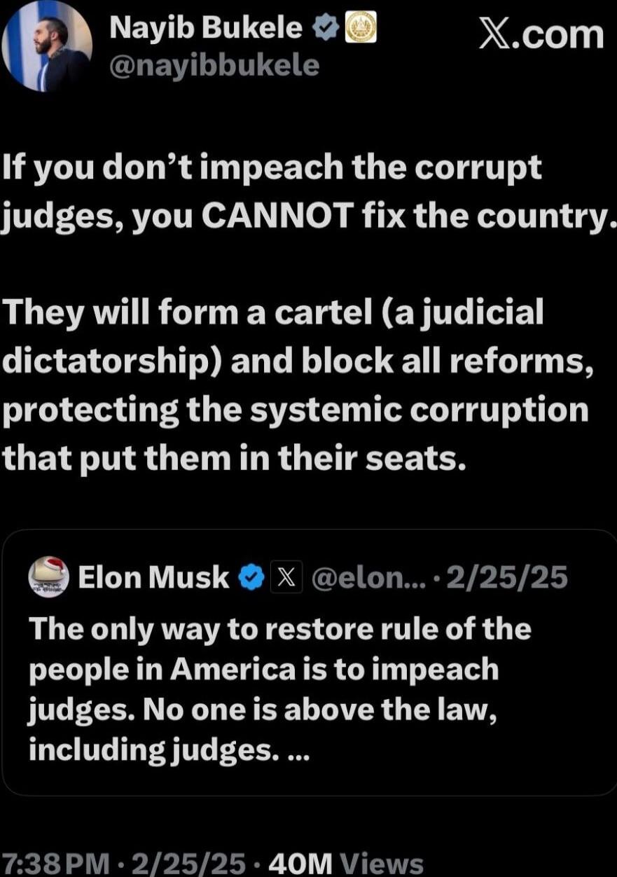 If you don’t impeach the corrupt judges, you CANNOT fix the country. They will form a cartel (a judicial dictatorship) and block all reforms, protecting the systemic corruption that put them in their seats.

Elon Musk: The only way to restore rule of the people in America is to impeach judges. No one is above the law, including judges.
