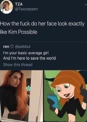 TZA Twonesterr How the fuck do her face look exactly ike Kim Possible ren O pebbul Im your basic average girl And Im here to save the world Show this thread