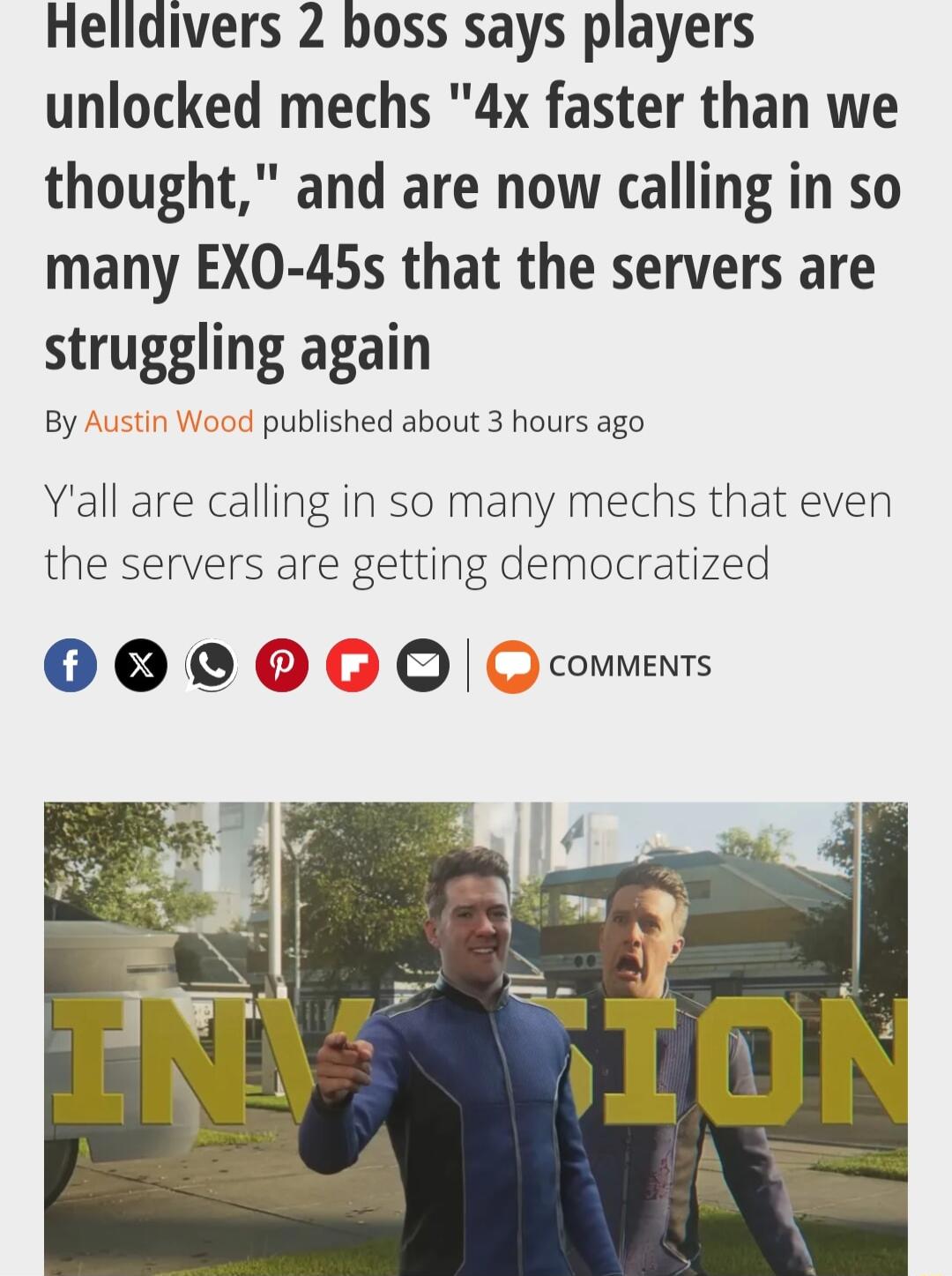 Helldivers 2 boss says players unlocked mechs 4x faster than we thought and are now calling in so many EX0 45s that the servers are struggling again By published about 3 hours ago Yall are calling in so many mechs that even the servers are getting democratized 0O OO 0O Q Q comments