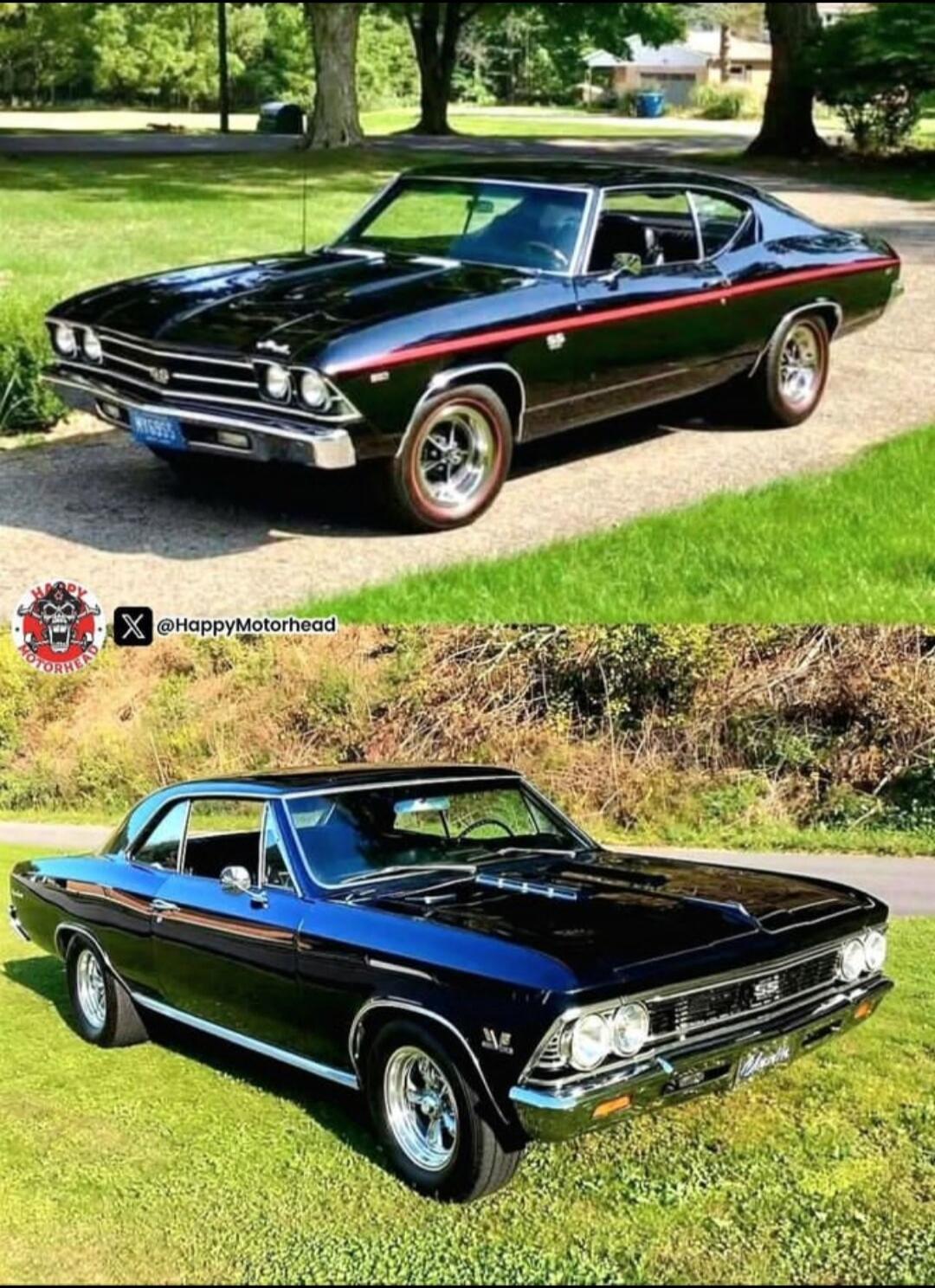 Two classic Chevrolet Chevelle SS muscle cars are displayed in a split image. The top car is a black 1969 Chevelle SS with a red stripe, parked on a paved driveway. The bottom car is a dark blue 1966 or 1967 Chevelle SS, parked on green grass. Both cars appear to be in excellent, restored condition. A watermark with 'HappyMotorhead' and '@HappyMoto