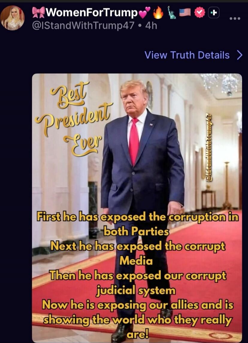 WomenForTrump @IStandWithTrump47 • 4h View Truth Details > Best President Ever First he has exposed the corruption in both Parties Next he has exposed the corrupt Media Then he has exposed our corrupt judicial system Now he is exposing our allies and is showing the world who they really are!