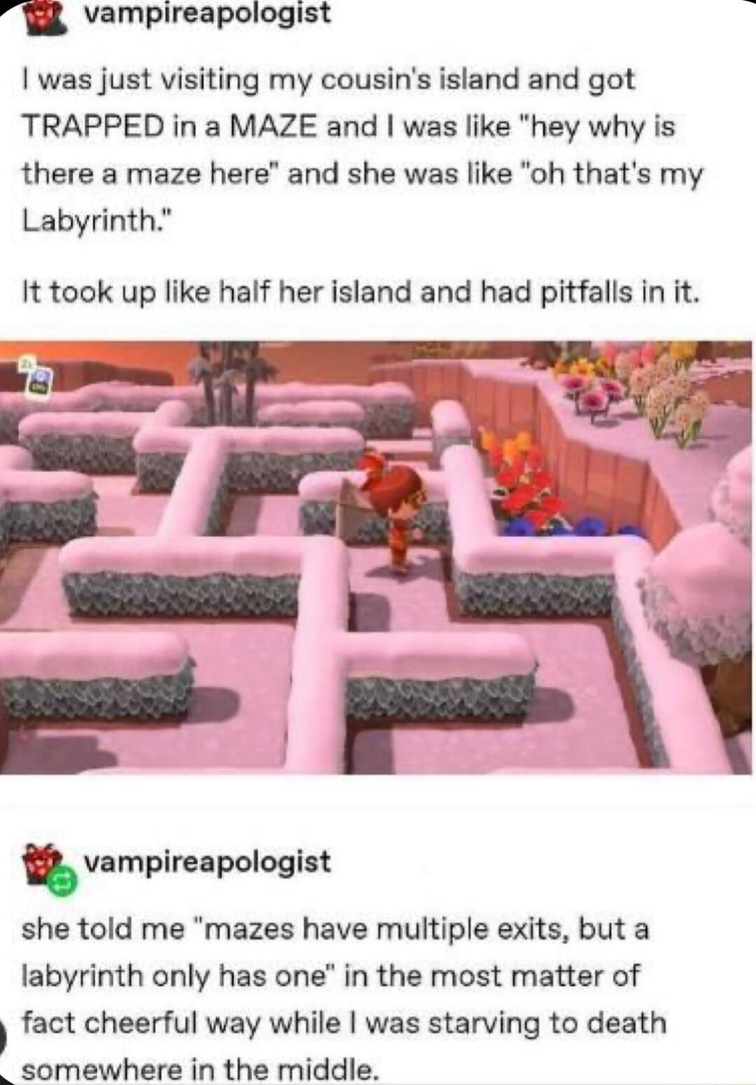 Vampireapologist was just visiting my cousins island and got TRAPPED in a MAZE and was like hey why is there a maze here and she was like oh thats my Labyrinth It took up like half her island and had pitfalls in it vampireapologist she told me mazes have multiple exits but a labyrinth only has one in the most matter of fact cheerful way while was starving to death somewhere in the middle