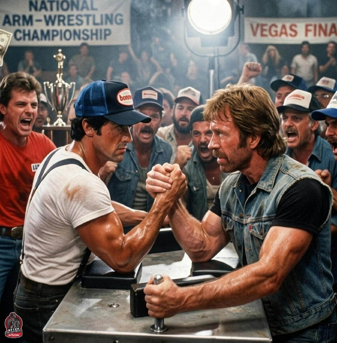 NATIONAL ARM-WRESTLING CHAMPIONSHIP VEGAS FINA. Two muscular men, resembling Sylvester Stallone and Chuck Norris, are intensely arm wrestling in front of a cheering crowd. The atmosphere is competitive and energetic.