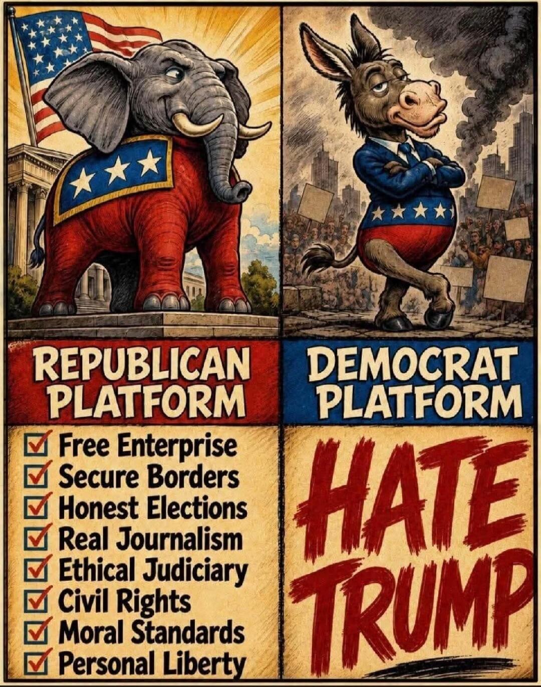 REPUBLICAN PLATFORM Free Enterprise Secure Borders Honest Elections Real Journalism Ethical Judiciary Civil Rights Moral Standards Personal Liberty DEMOCRAT PLATFORM HATE TRUMP