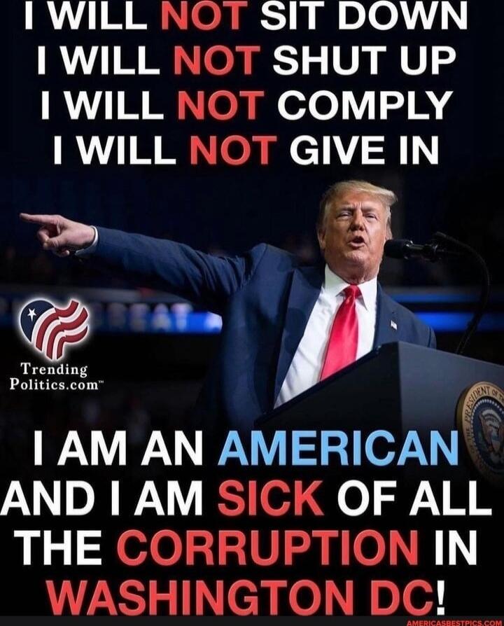 I WILL NOT SIT DOWN I WILL NOT SHUT UP I WILL NOT COMPLY I WILL NOT GIVE IN I AM AN AMERICAN AND I AM SICK OF ALL THE CORRUPTION IN WASHINGTON DC!