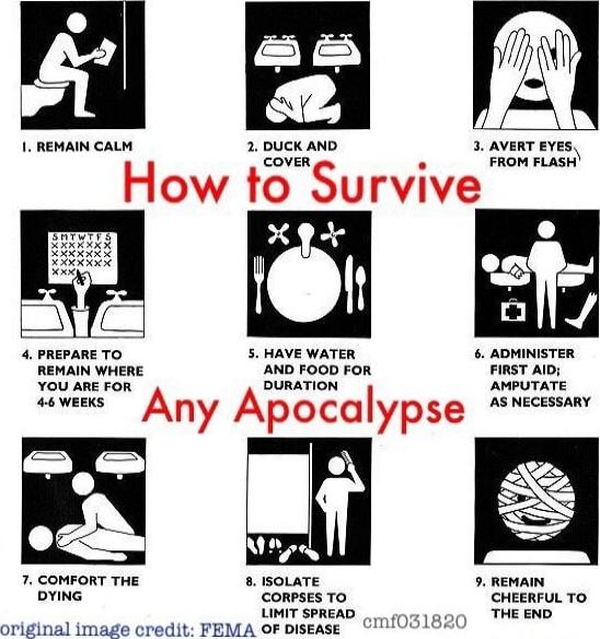 1. REMAIN CALM
2. DUCK AND COVER
3. AVERT EYES FROM FLASH
4. PREPARE TO REMAIN WHERE YOU ARE FOR 4-6 WEEKS
5. HAVE WATER AND FOOD FOR DURATION
6. ADMINISTER FIRST AID; AMPUTATE AS NECESSARY
7. COMFORT THE DYING
8. ISOLATE CORPSES TO LIMIT SPREAD
9. REMAIN CHEERFUL TO THE END
