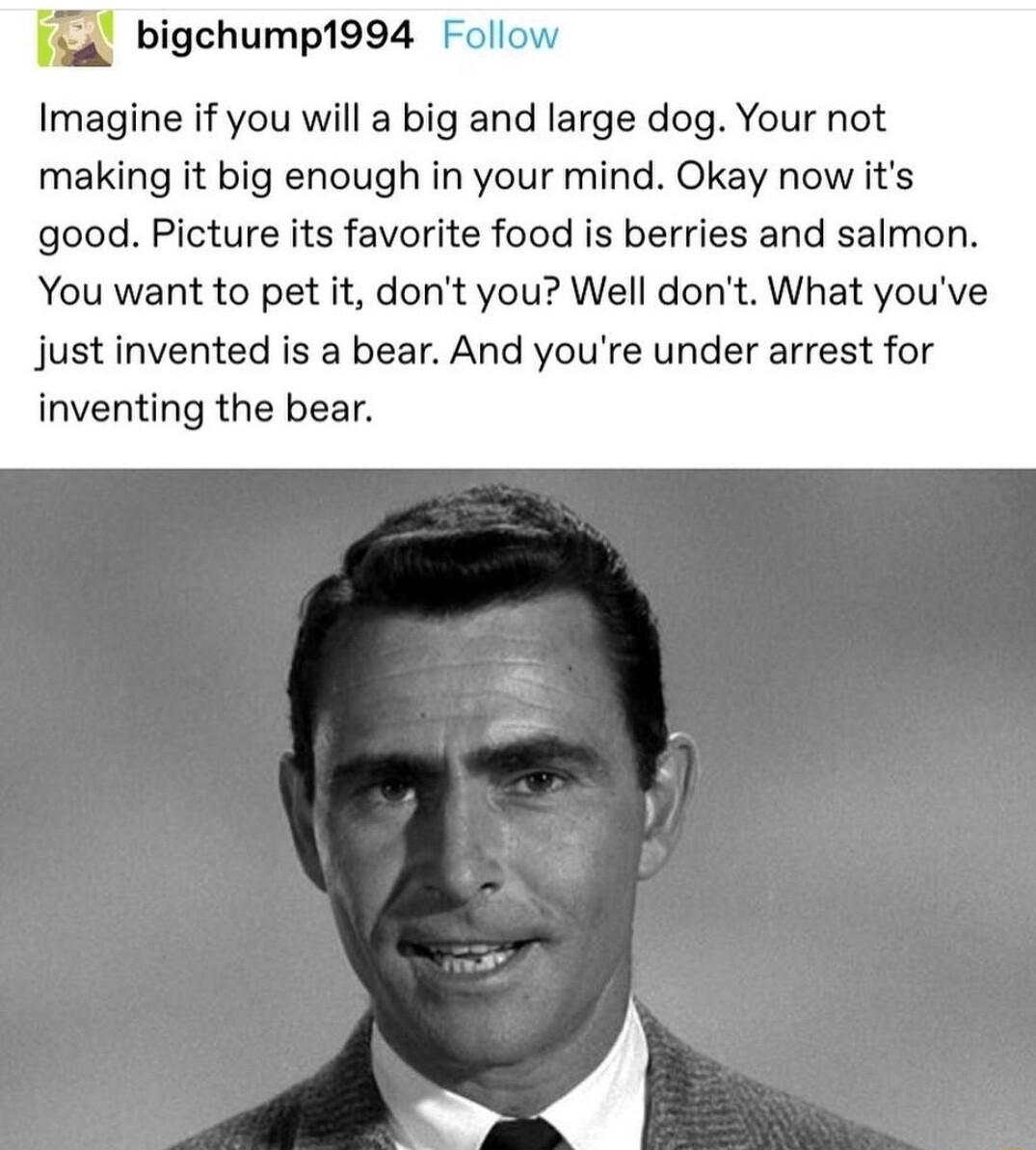 bigchump1994 Foll Imagine if you will a big and large dog Your not making it big enough in your mind Okay now its good Picture its favorite food is berries and salm You want to pet it dont you Well dont What youve just invented is a bear And youre under arrest for inventing the bear