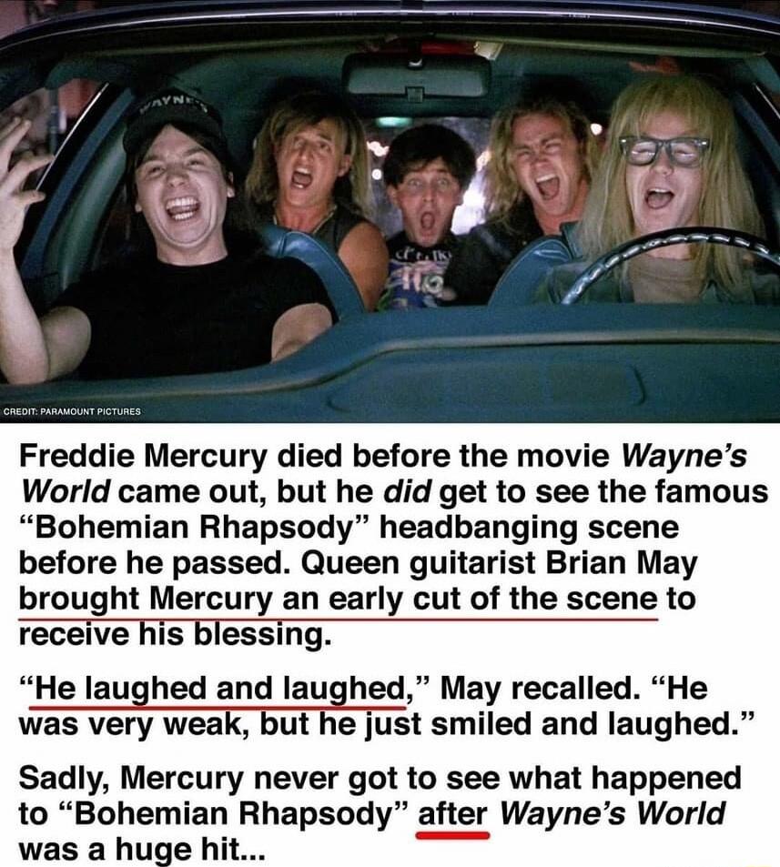 Freddie Mercury died before the movie Waynes World came out but he did get to see the famous Bohemian Rhapsody headbanging scene before he passed Queen guitarist Brian May brought Mercury an early cut of the scene to receive lessing He laughed and laughed May recalled He was very weak but just smiled and laughed Sadly Mercury never got to see what happened to Bohemian Rhapsody after Waynes World w
