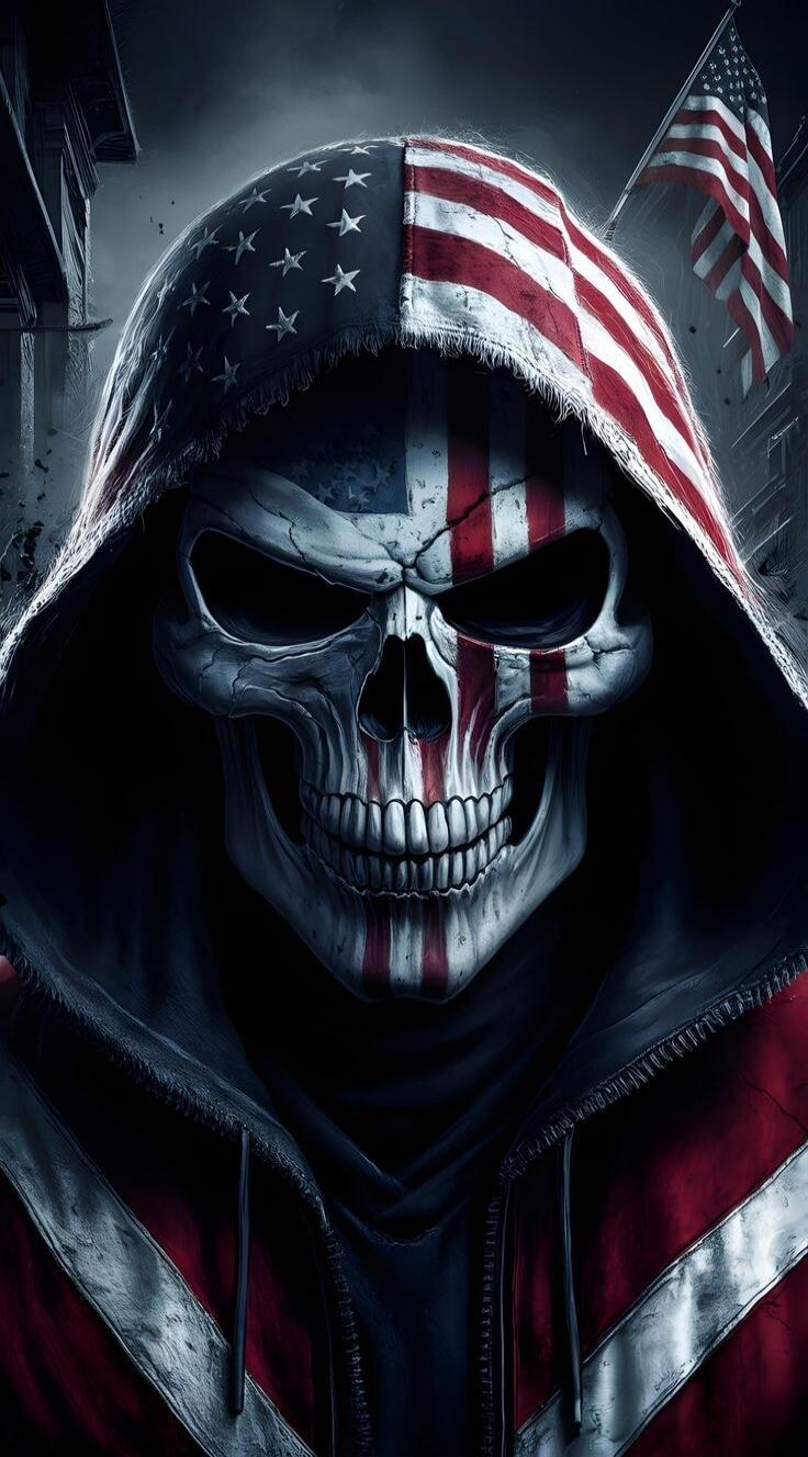Skull in a hood with an American flag motif.
