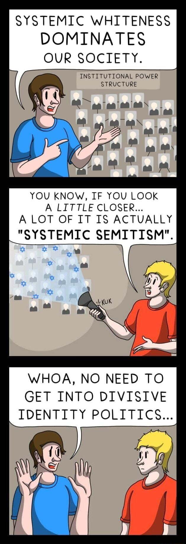 SYSTEMIC WHITENESS DOMINATES OUR SOCIETY INSTITUTIONAL POWER STRUCTURE YOU KNOW IF YOU LOOK A LITTLE CLOSER A LOT OF IT IS ACTUALLY SYSTEMIC SEMITISM WHOA NO NEED TO GET INTO DIVISIVE IDENTITY POLITICS