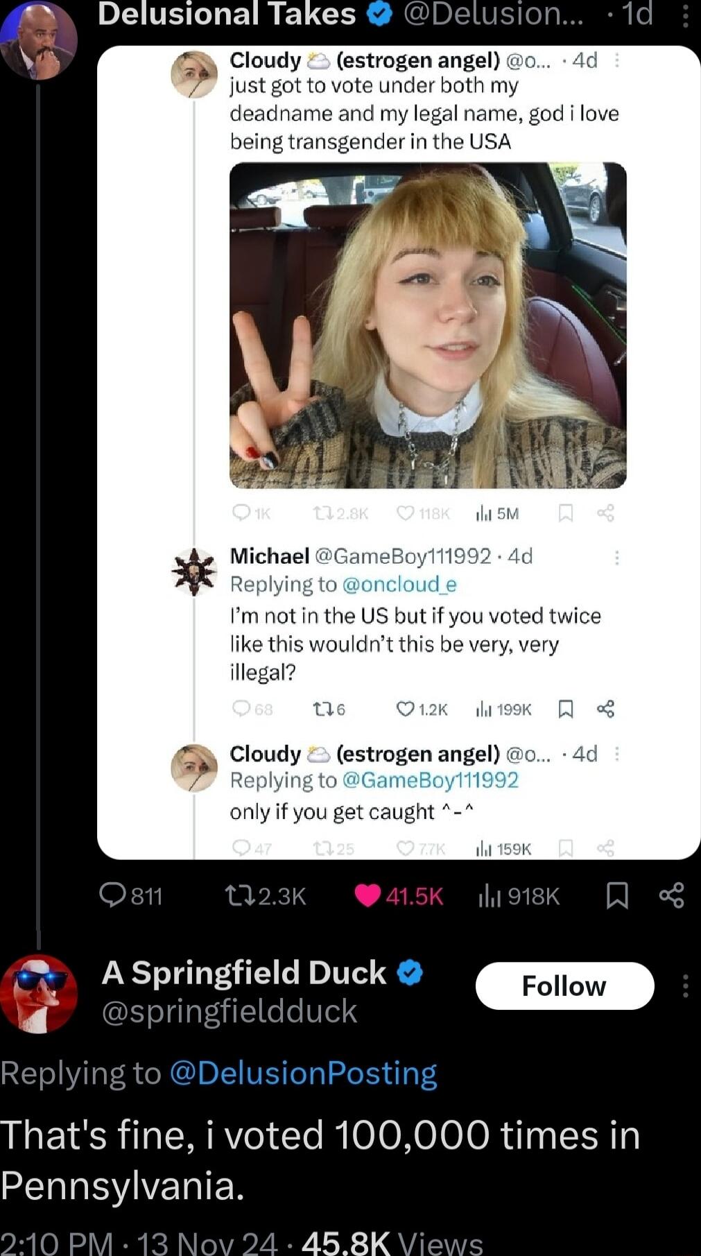 PLUELLETR ELCER R BISIE 1d c Cloudy estrogen angel f yo ASpringfield Duck m plying to DelusionPosting Thats fine i voted 100000 times in CENSYIEDIEN AN Y L X