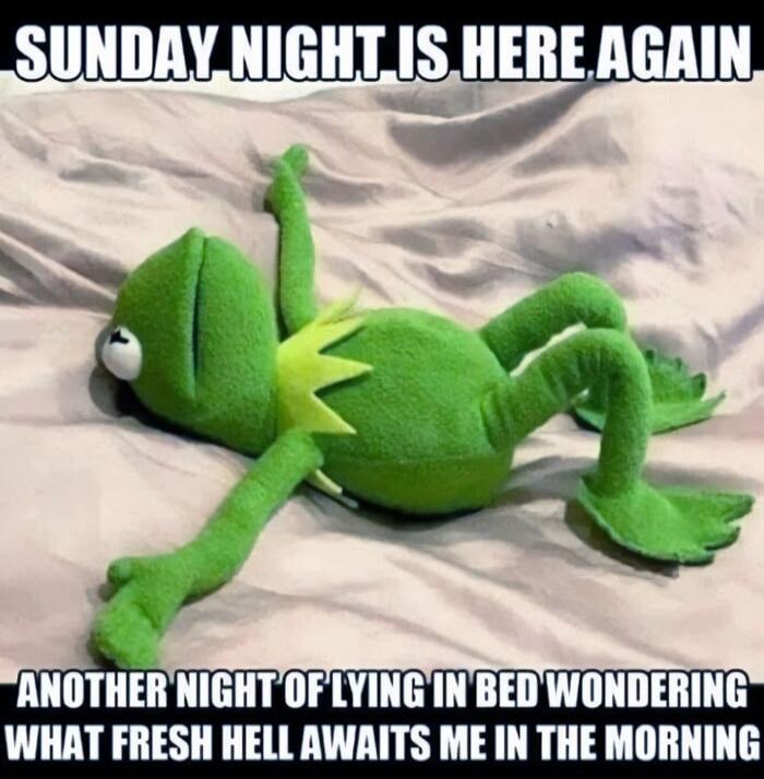 SUNDAY NIGHT IS HERE AGAIN ANOTHER NIGHT OF LYING IN BED WONDERING WHAT FRESH HELL AWAITS ME IN THE MORNING