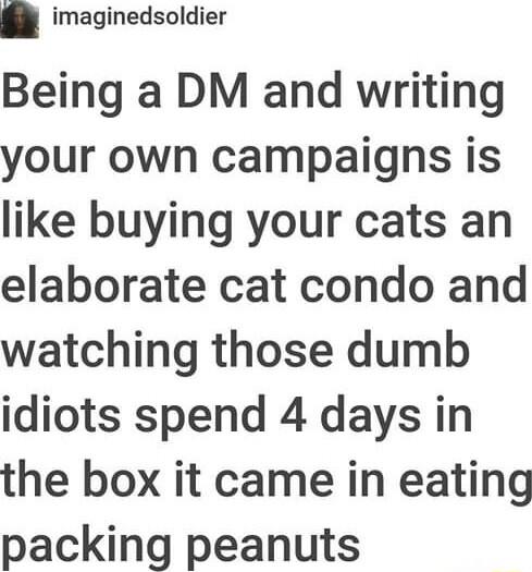 imaginedsoldier Being a DM and writing your own campaigns is like buying your cats an elaborate cat condo and watching those dumb idiots spend 4 days in the box it came in eating packing peanuts