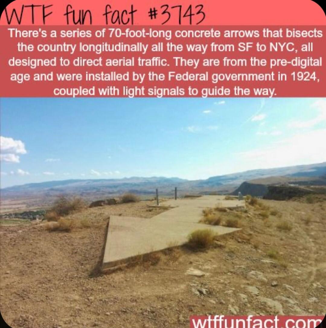 Theres a series of 70 foot long concrete arrows that bisects the country longitudinally all the way from SF to NYC all designed to direct aerial traffic They are from the pre digital age and were installed by the Federal government in 1924 coupled with light signals to guide the way wtffiinfact comr