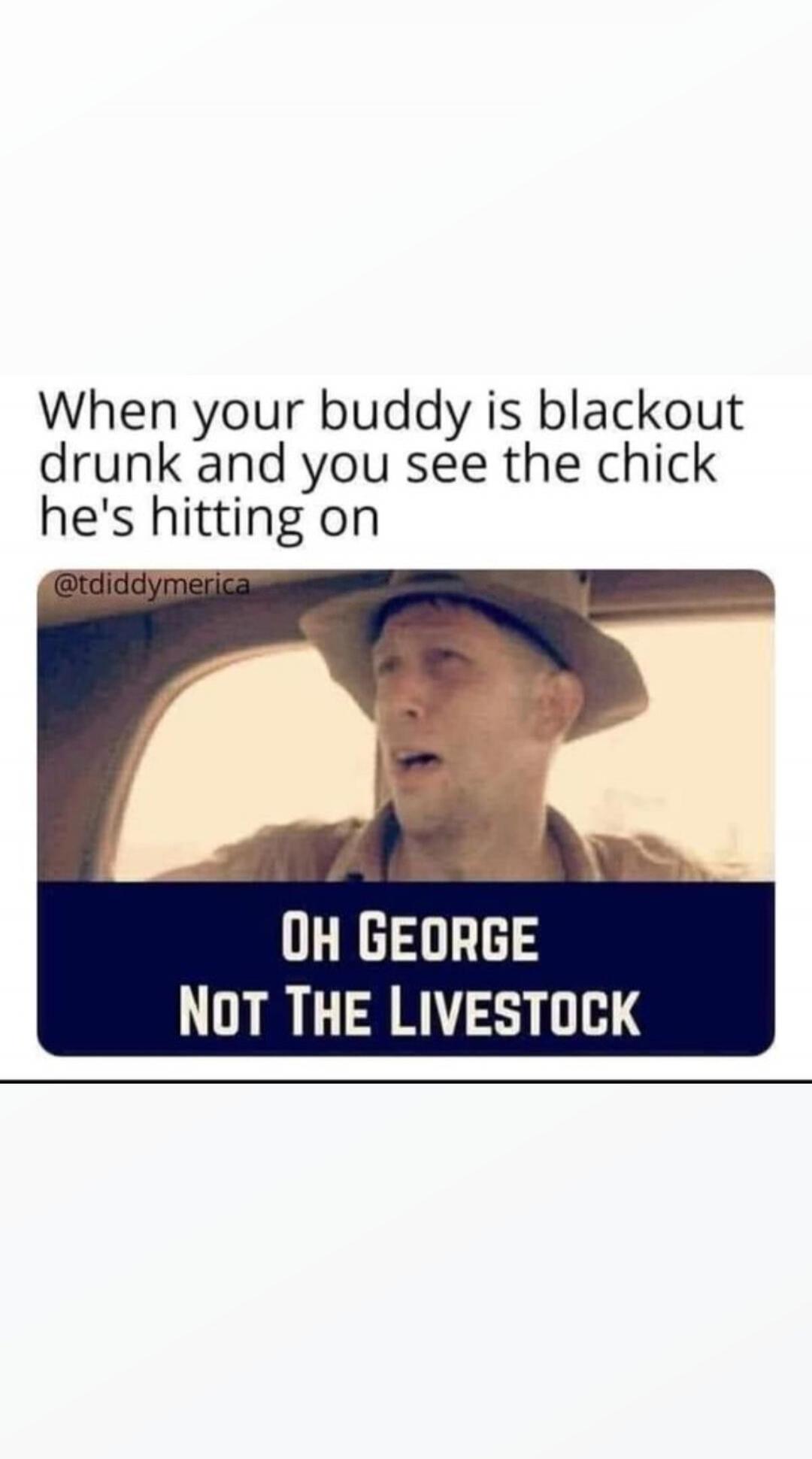 When your buddy is blackout drunk and you see the chick he's hitting on

OH GEORGE NOT THE LIVESTOCK