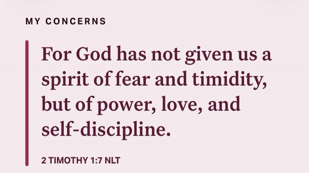 MY CONCERNS For God has not given us a spirit of fear and timidity, but of power, love, and self-discipline. 2 TIMOTHY 1:7 NLT