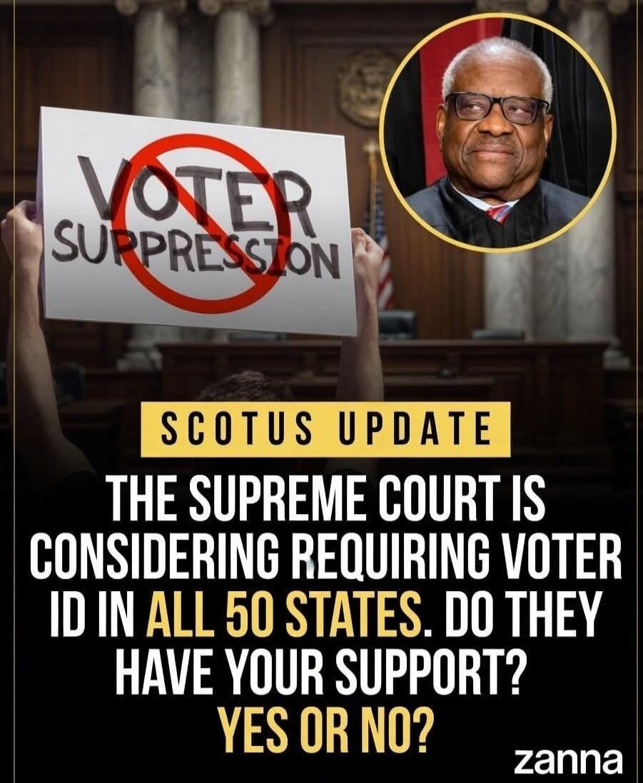 A person holds a sign that says 'VOTER SUPPRESSION' with 'VOTER' crossed out. The text on the image reads: 'SCOTUS UPDATE. THE SUPREME COURT IS CONSIDERING REQUIRING VOTER ID IN ALL 50 STATES. DO THEY HAVE YOUR SUPPORT? YES OR NO?' There is also a portrait of Justice Clarence Thomas.
