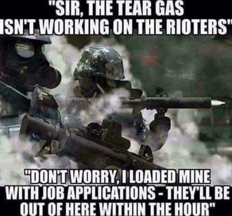 SIR, THE TEAR GAS ISN'T WORKING ON THE RIOTERS
DONT WORRY, I LOADED MINE WITH JOB APPLICATIONS - THEY'LL BE OUT OF HERE WITHIN THE HOUR