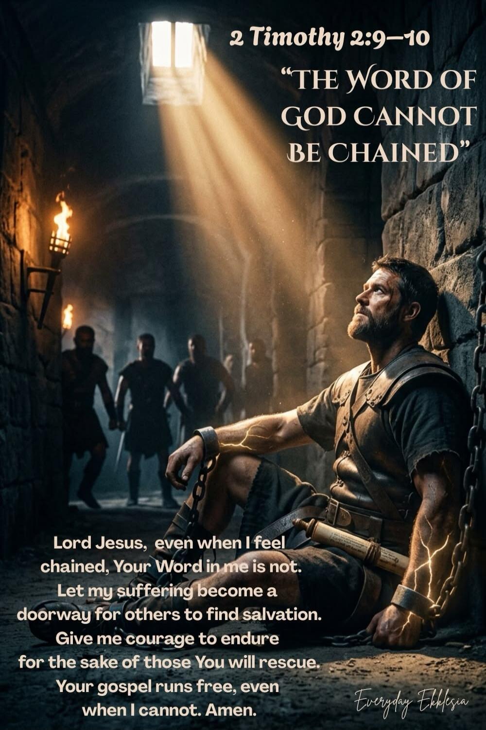 2 Timothy 2:9-10 “THE WORD OF GOD CANNOT BE CHAINED” Lord Jesus, even when I feel chained, Your Word in me is not. Let my suffering become a doorway for others to find salvation. Give me courage to endure for the sake of those You will rescue. Your gospel runs free, even when I cannot. Amen. Everyday Ekklesia